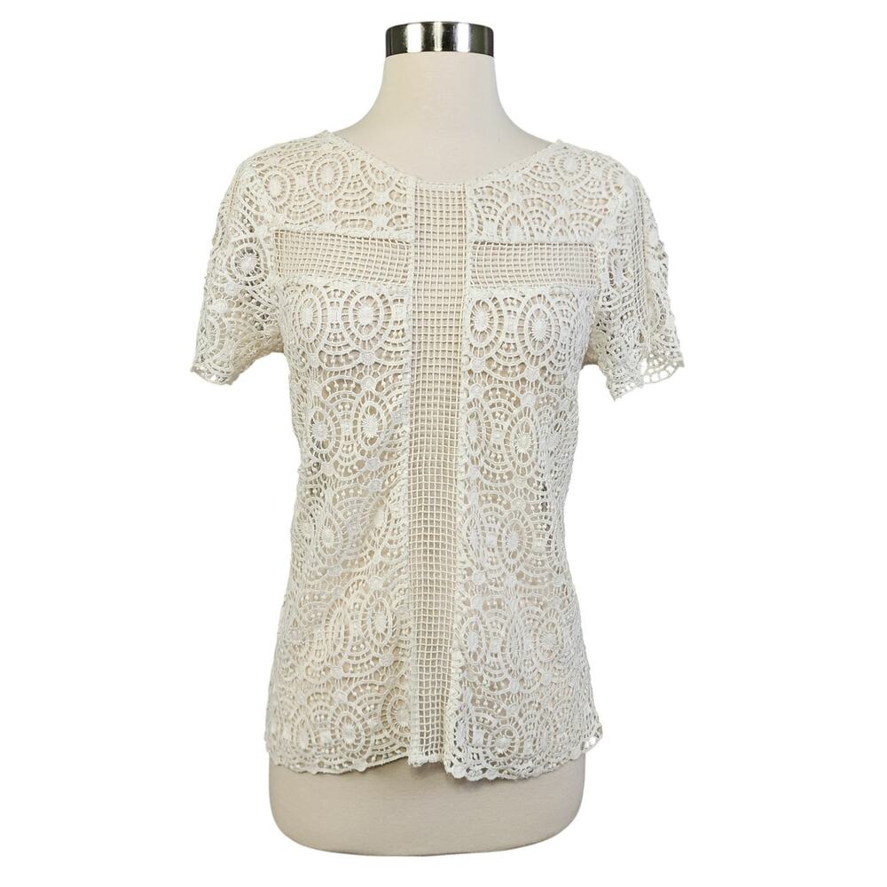 Daniel Rainn‎ Womens Crochet Lace Blouse Size XS White Sheer Bohemian Cottage